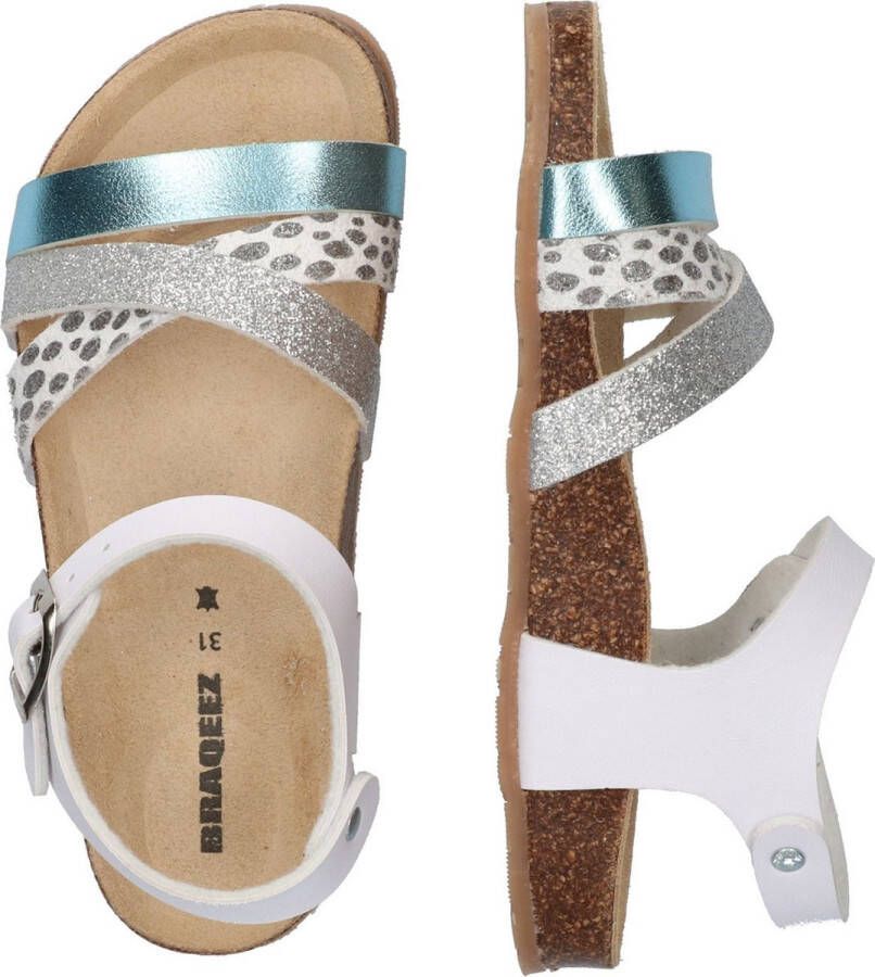 Braqeez Saar Spain Meisjes Sandalen Wit Print Blauw Zilver Imitatieleer Gesp