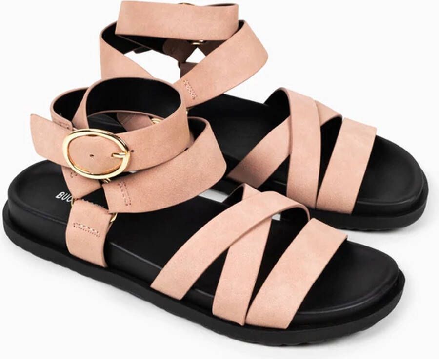Buonarotti Pink Sandalen met gekruiste bandjes en platte hak