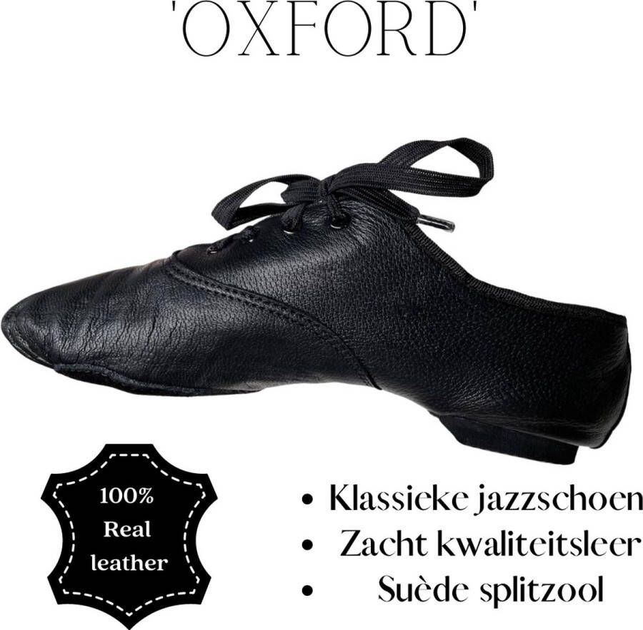 Dancer Dancewear Zwarte jazzschoenen leer met suède splitzool Zwart Jazz schoenen met veters in Oxford model - Foto 2