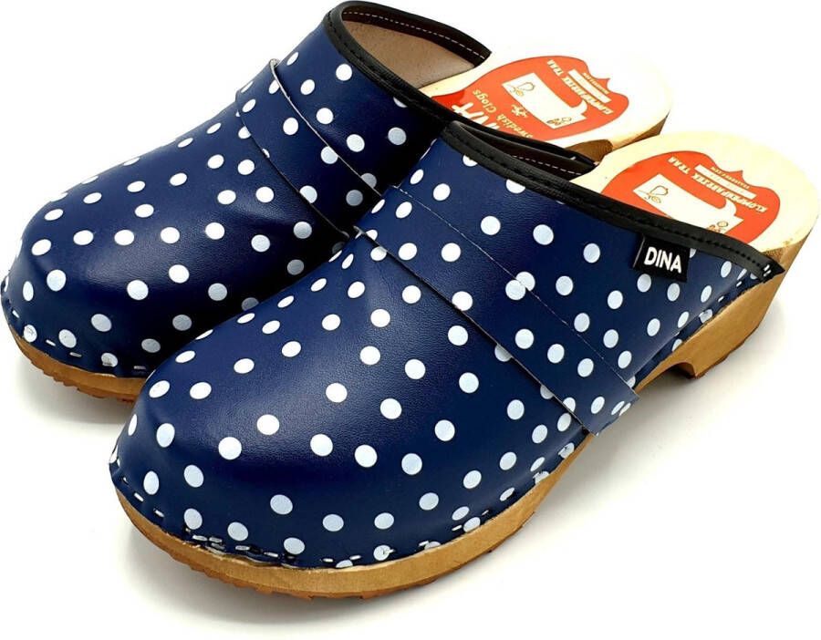 DINA dames klompen zweedse muilen blauw met witte stip