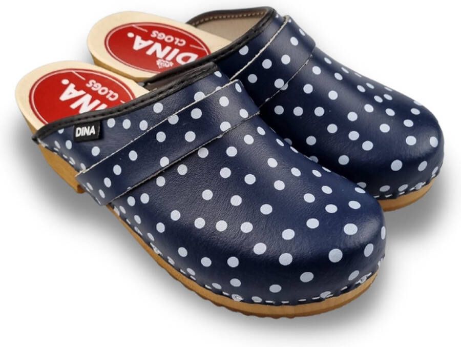 DINA dames klompen zweedse muilen blauw met witte stip