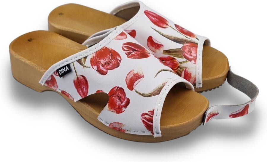 DINA Houten sandalen met upper van leer Rode tulpen print veel grip en comfortabele instap