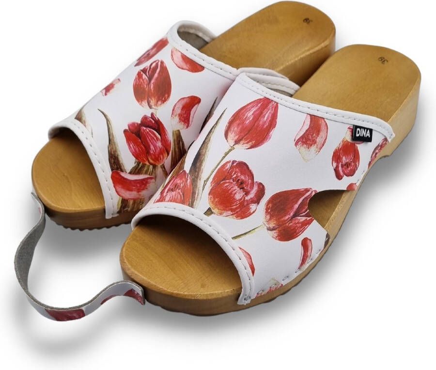 DINA Houten sandalen met upper van leer Rode tulpen print veel grip en comfortabele instap