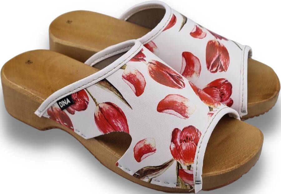 DINA Houten sandalen met upper van leer Rode tulpen print veel grip en comfortabele instap