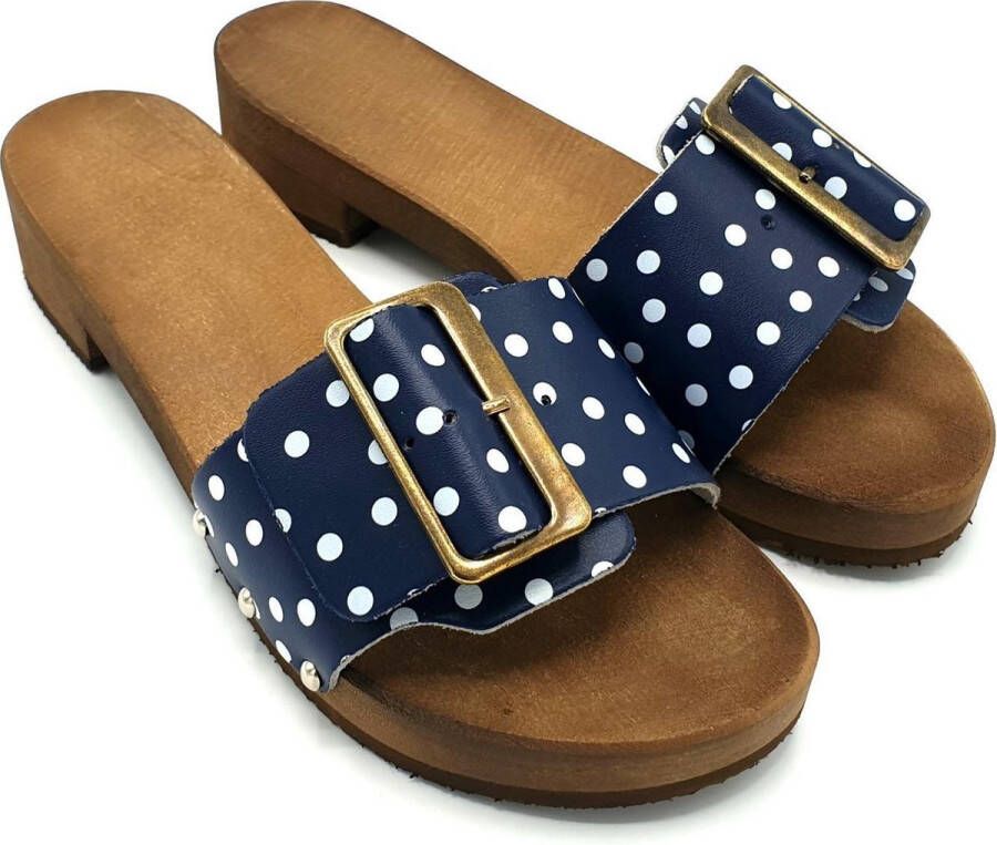 DINA houten slipper met brede gesp dames blauw met stip