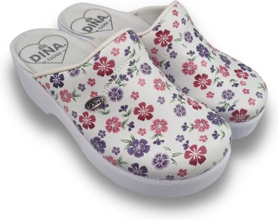DINA Medische dames klompen PU zool PU klompen met kunststof zool ziekenhuis klompen zorgklompen CLOGS purple flowers