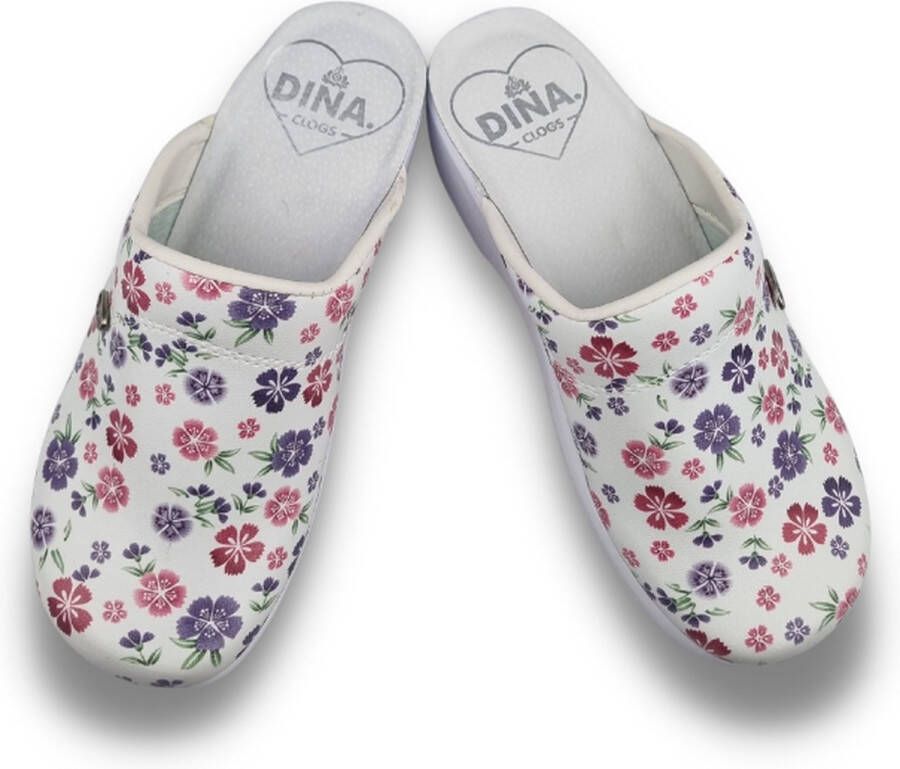 DINA Medische dames klompen PU zool PU klompen met kunststof zool ziekenhuis klompen zorgklompen CLOGS purple flowers