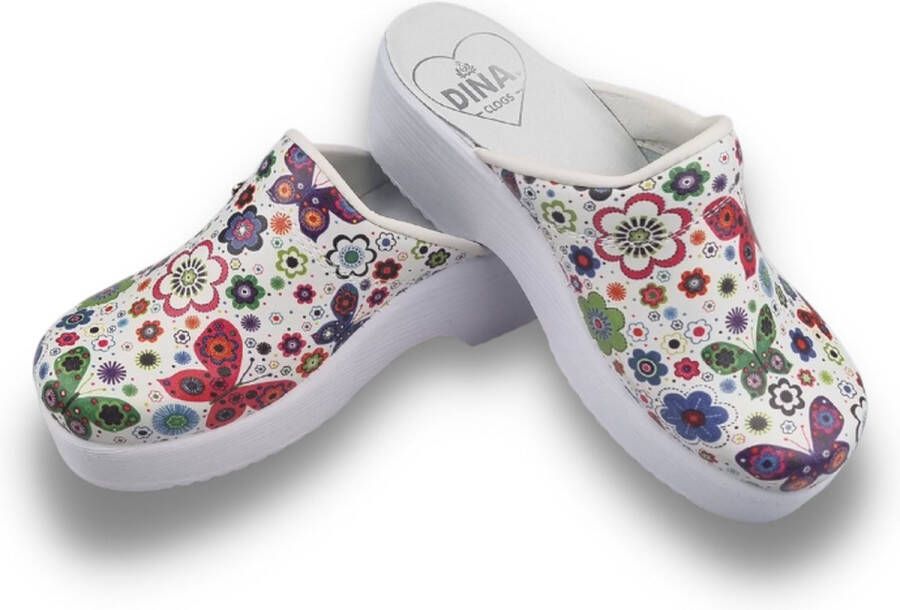 DINA Medische dames klompen PU zool PU klompen met kunststof zool ziekenhuis klompen zorgklompen CLOGS purple flowers