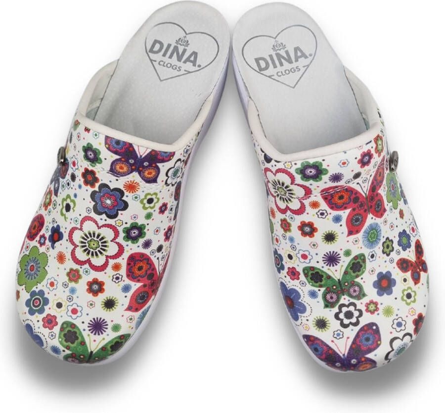 DINA Medische dames klompen PU zool PU klompen met kunststof zool ziekenhuis klompen zorgklompen CLOGS purple flowers