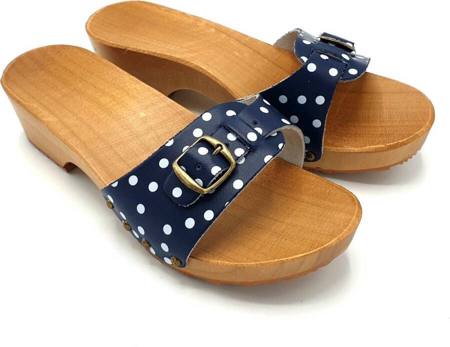 DINA muiltjes blauw met witte stip leren sandalen voor dames
