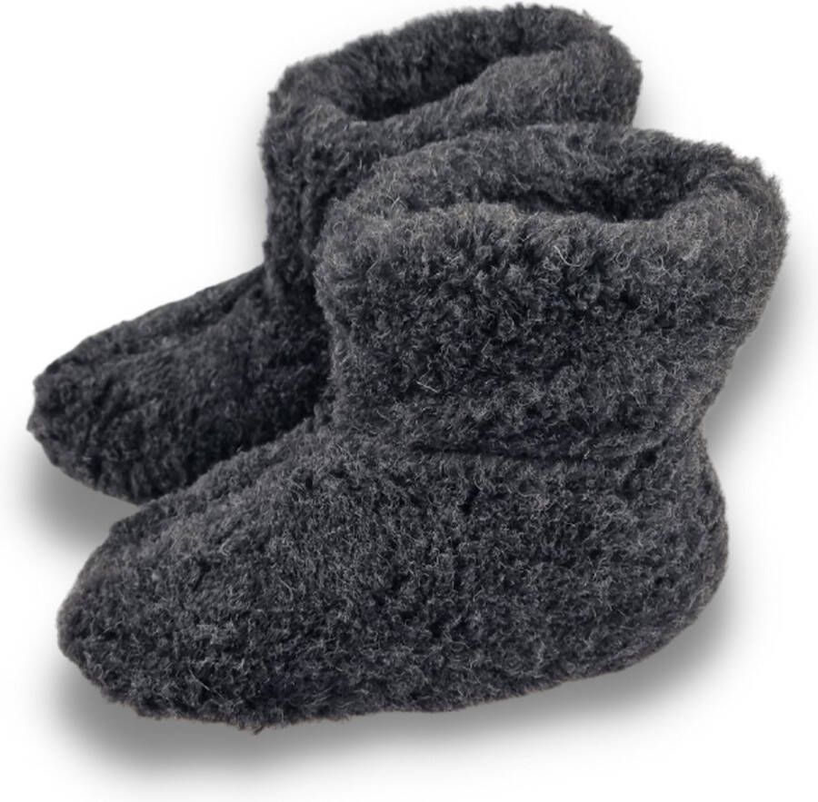DINA wollen sloffen 100% wol pantoffels zwart hoog model antislip zool - Foto 2