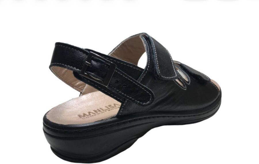 Manlisa platte lederen comfort sandalen velcro's 502 Zwart geschikt losse steunzolen