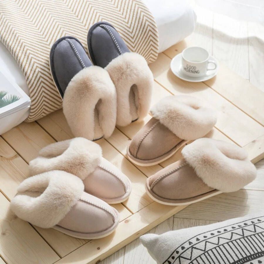 Pantoffels Dames en Heren Fluffy Open Sloffen met Pluche Voering Antislip Zool Heavency Beige
