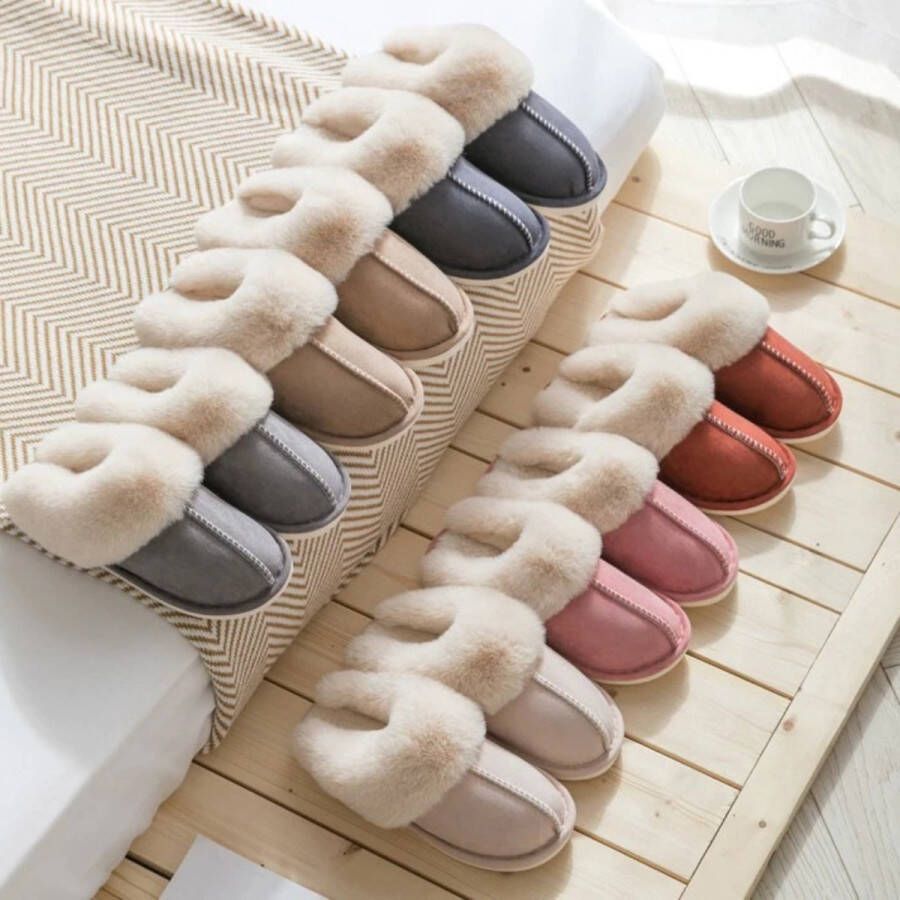 Pantoffels Dames en Heren Fluffy Open Sloffen met Pluche Voering Antislip Zool Heavency Beige