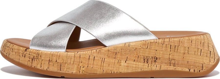 FitFlop F-Mode Metallic Leather Cork Flatform Cross Slides ZILVER