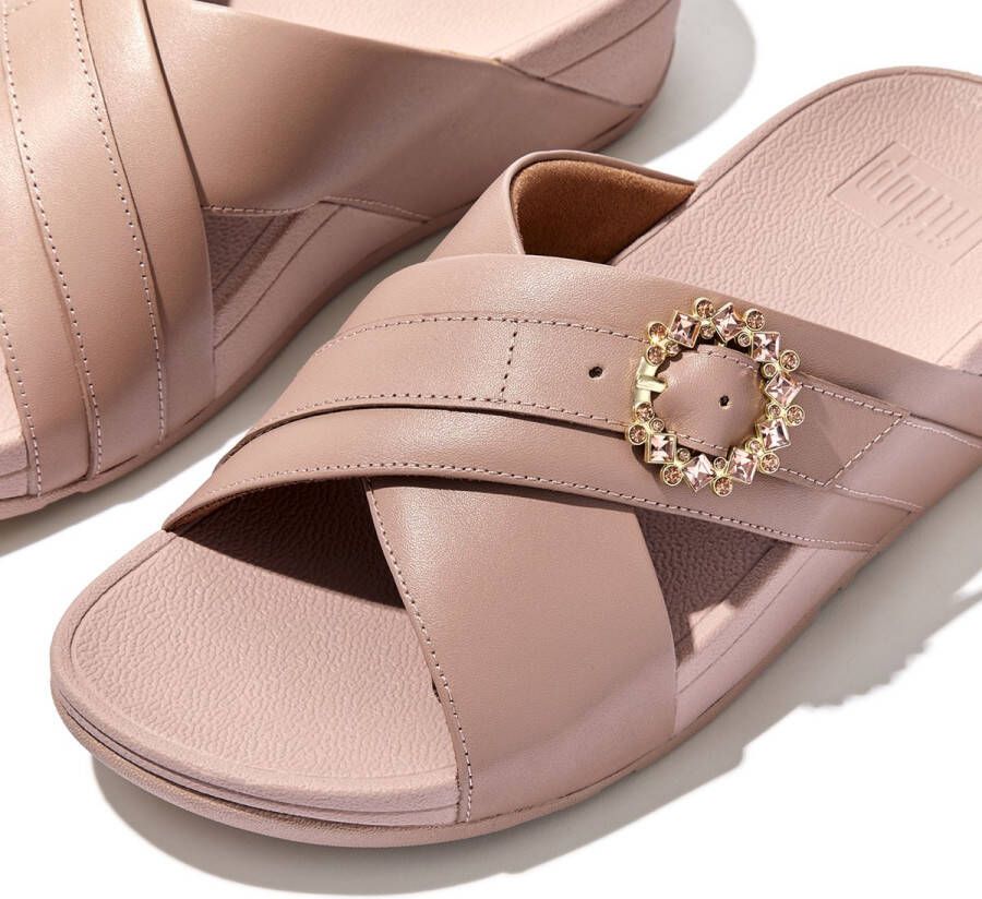 FitFlop Lulu Crystal-Buckle Leather Cross Slides BEIGE