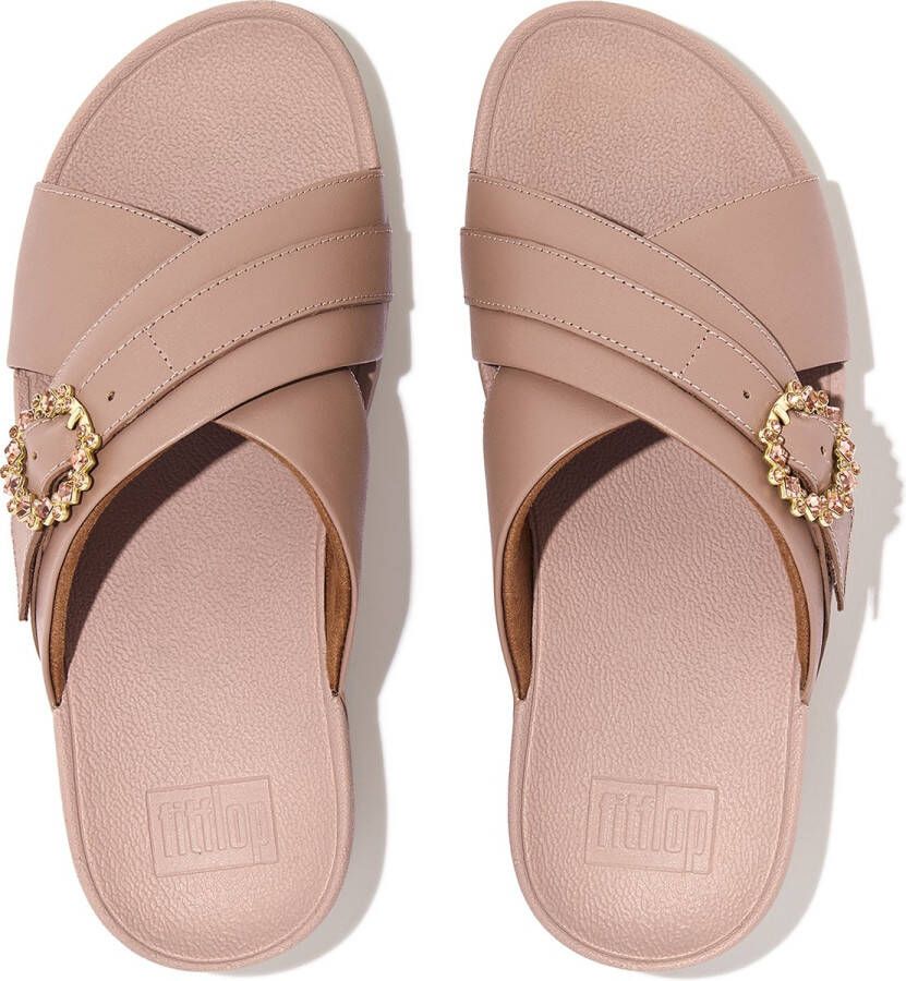 FitFlop Lulu Crystal-Buckle Leather Cross Slides BEIGE