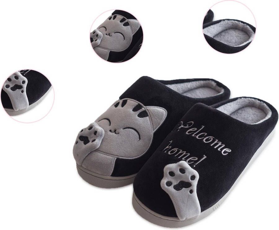 Geweo Home Sloffen Pantoffels Open Sloffen Koraal Fleece Pantoffels Dames Antislip Leuk Katje Kerstmis Kerstfeest Christmas Gift Zwart
