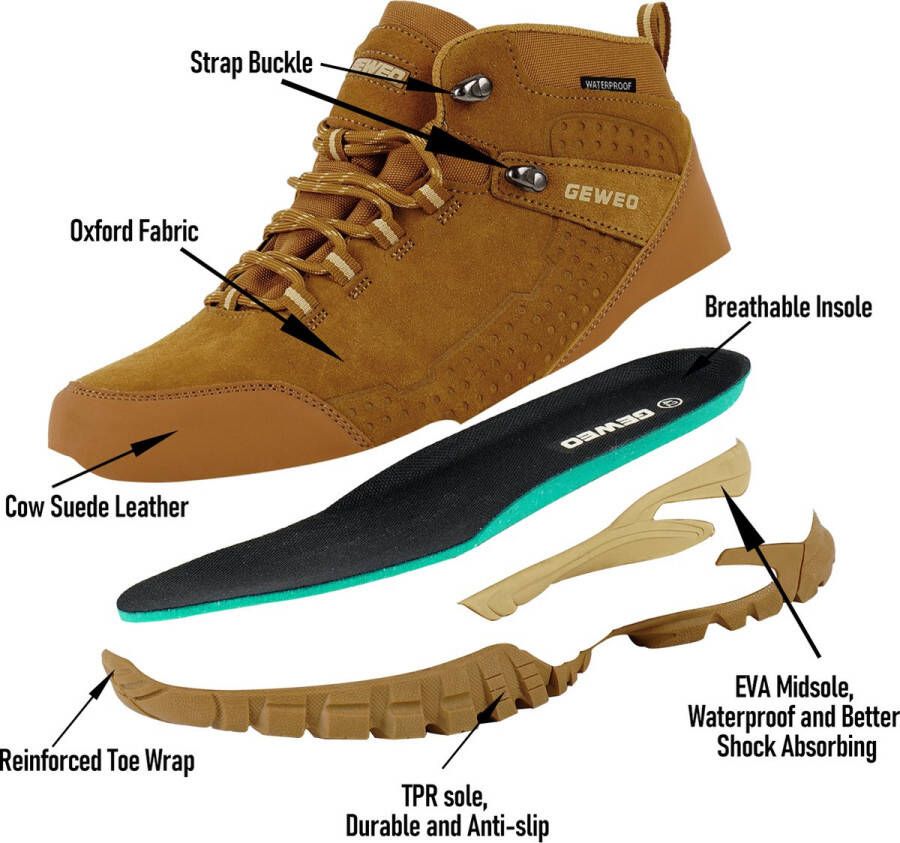 Geweo Outdoorschoenen Heren Middelhoge Waterdichte Wandelschoenen Waterdicht en Ademend Universal Bruin