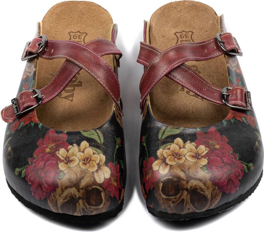 GOBY Skull Floral Clogs Dames Vegan Leer Handmade Bloemenprint