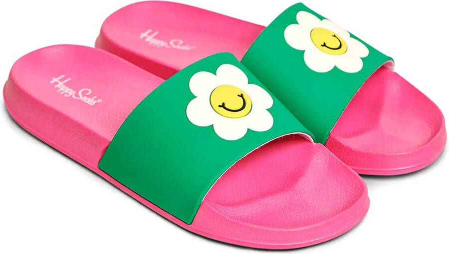 Happy Socks slippers smiley daisy roze groen