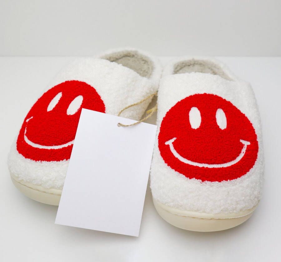 HappySlippers Happy Slippers -Smiley pantoffel Smiley sloffen Smiley Slippers Pantoffels Dames & Heren Happy Slippers Lachende pantoffel Sloffen -Sloffen met smiley Emoji pantoffel Emoji Slipper Rood