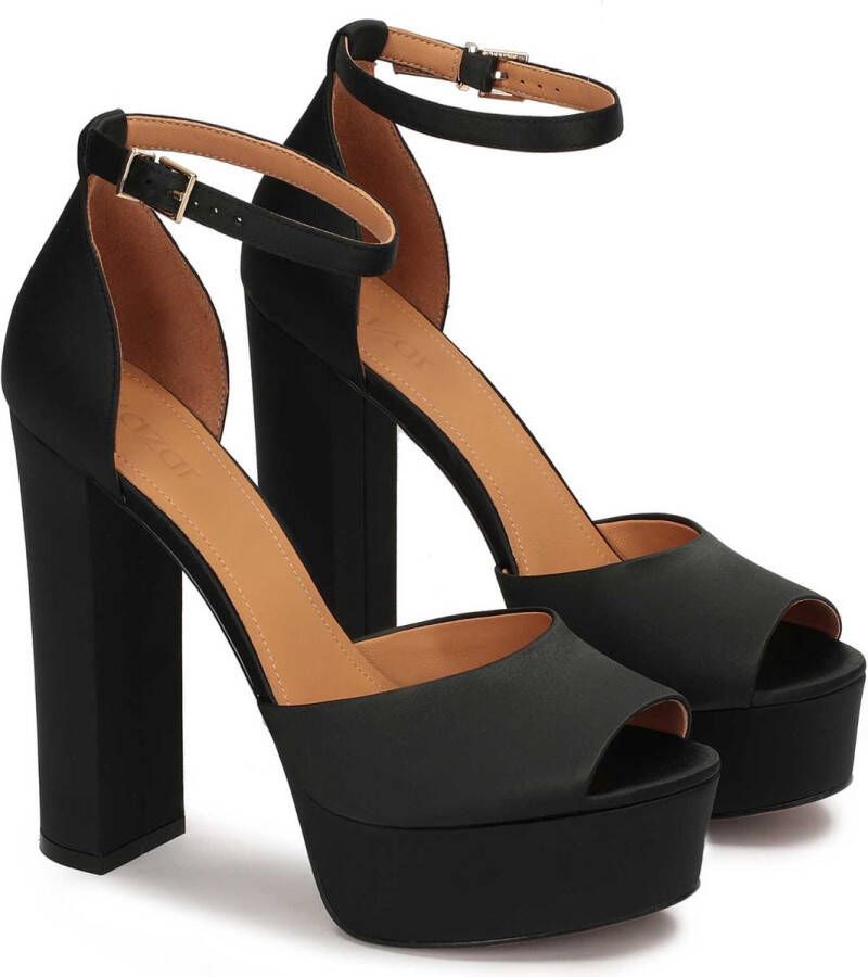 Kazar Black fabric sandals with chunky platform and heel