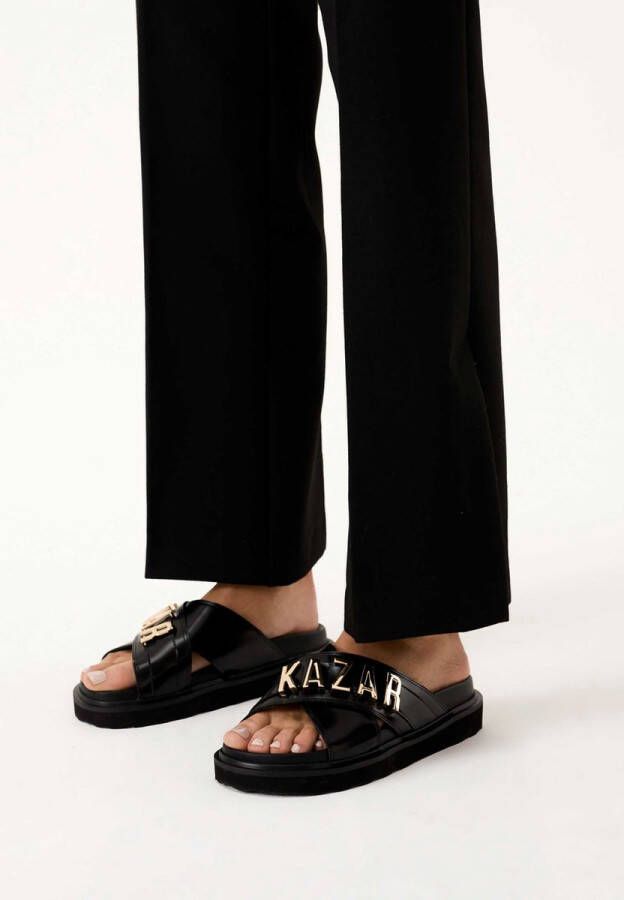 Kazar Black leather mules with metal lettering