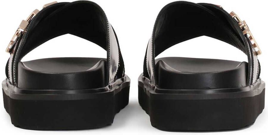 Kazar Black leather mules with metal lettering
