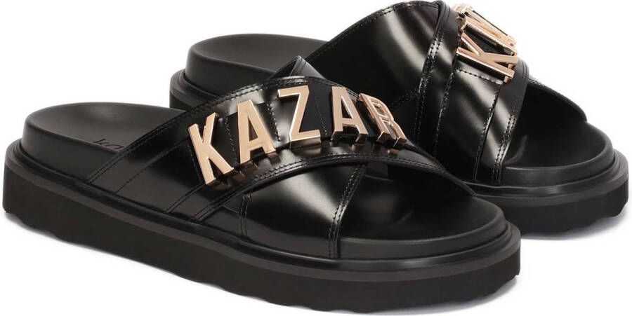 Kazar Black leather mules with metal lettering