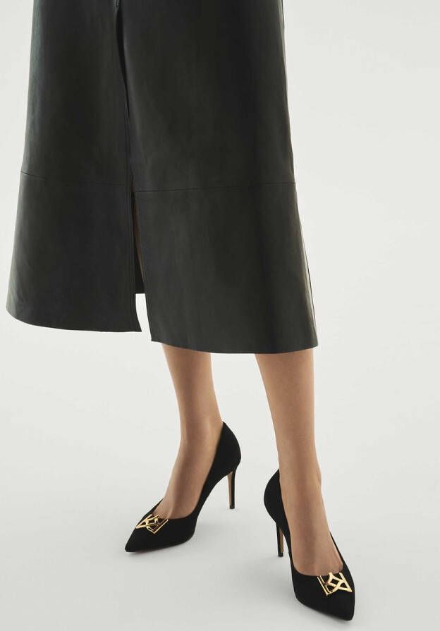 Kazar Black suede pumps with a large monogram