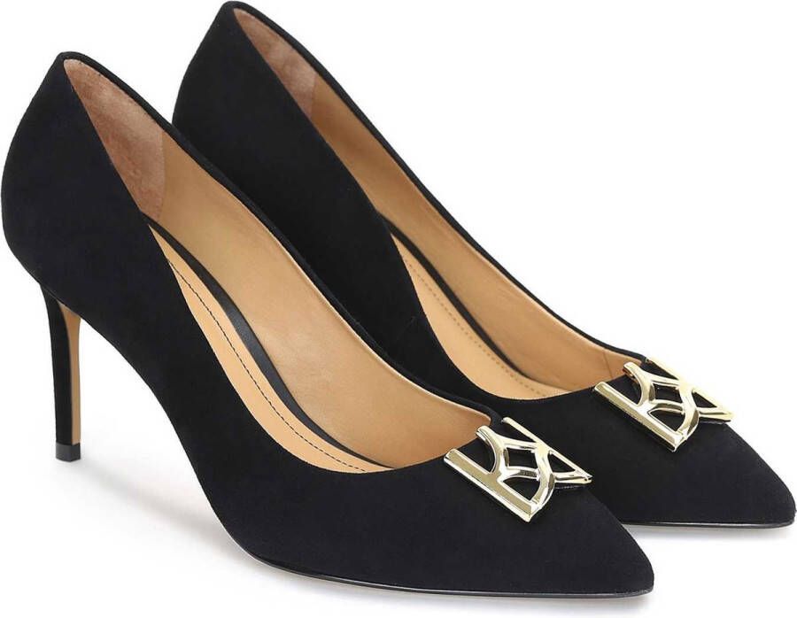 Kazar Black suede pumps with a large monogram