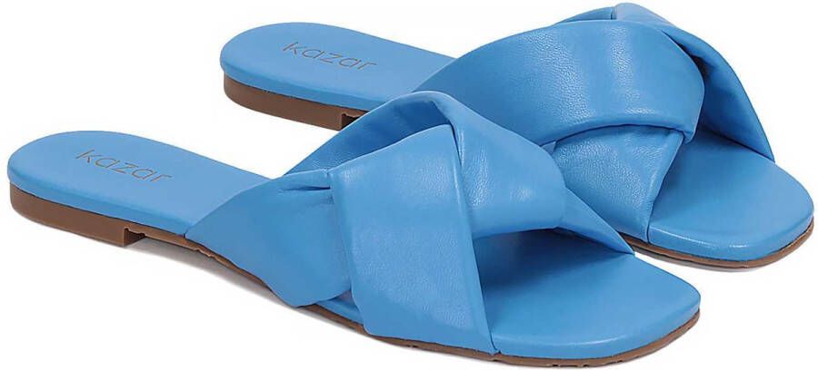 Kazar Blue leather mules on a flat sole