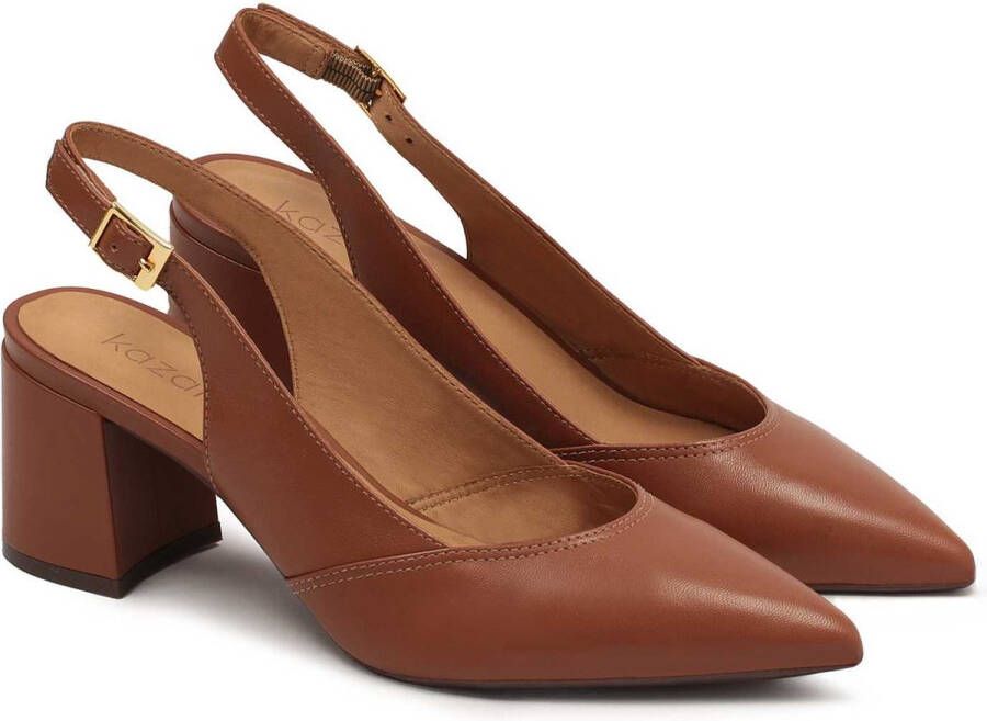 Kazar Brown pumps on a post with an open heel