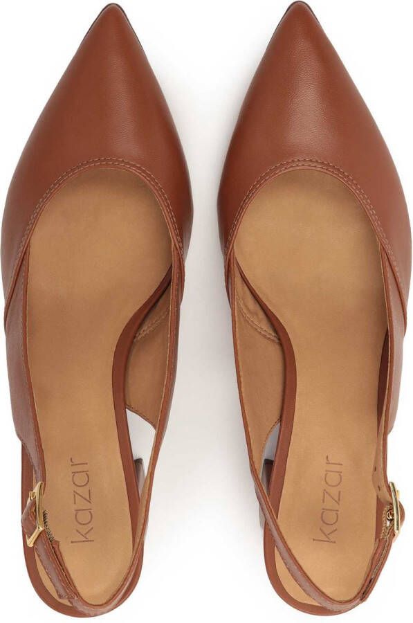 Kazar Brown pumps on a post with an open heel