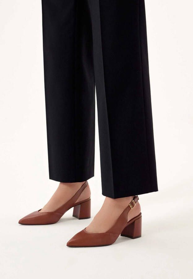 Kazar Brown pumps on a post with an open heel