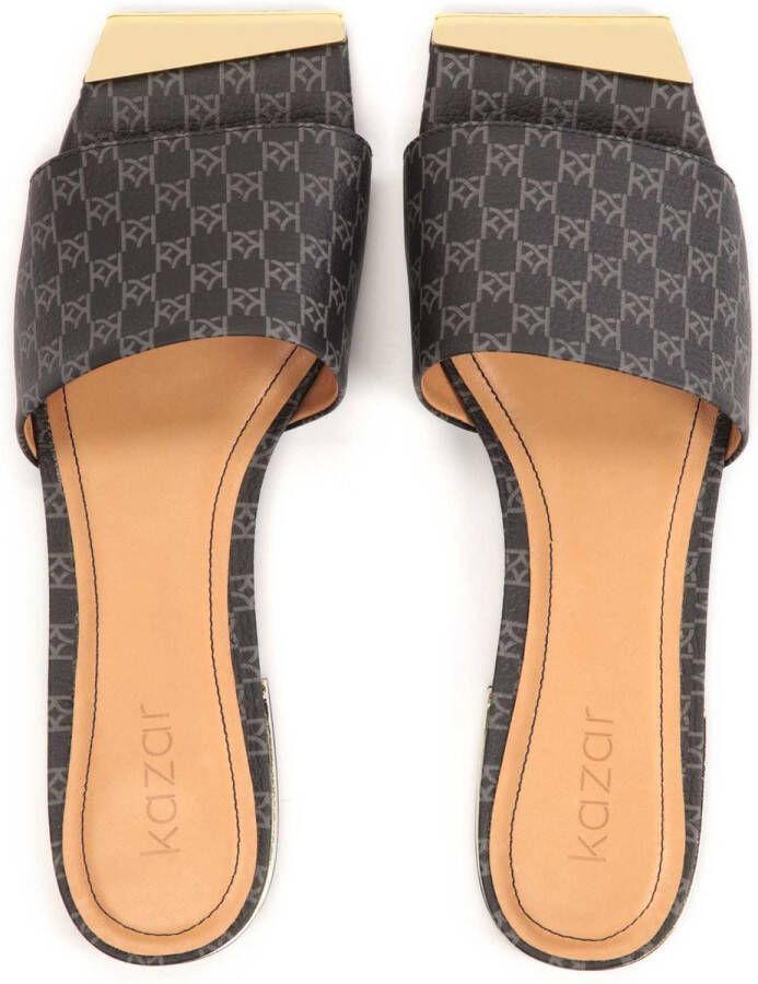 Kazar monogrammed leather flip-flops with gold heel