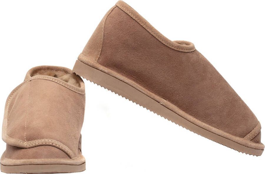 LuLu sloffen LuLu- Leren Schapenvacht Pantoffels Sloffen voor Dames & Heren- Ruime instap met Klittenband sluiting Stevige Harde zool