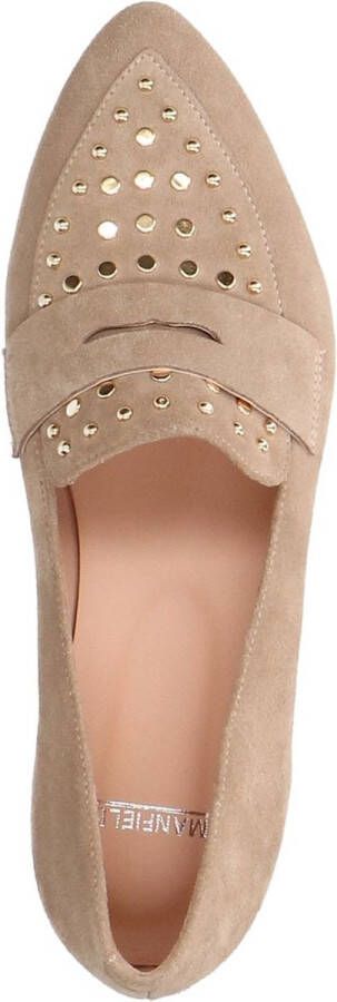 Manfield Dames Beige suède loafers met goudkleurige studs