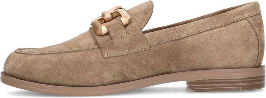 Manfield Dames Beige suède loafers met vierkanten chain
