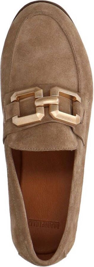 Manfield Dames Beige suède loafers met vierkanten chain