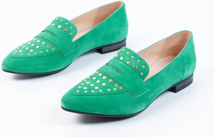 Manfield Dames Groene suède loafers met goudkleurige studs - Foto 4