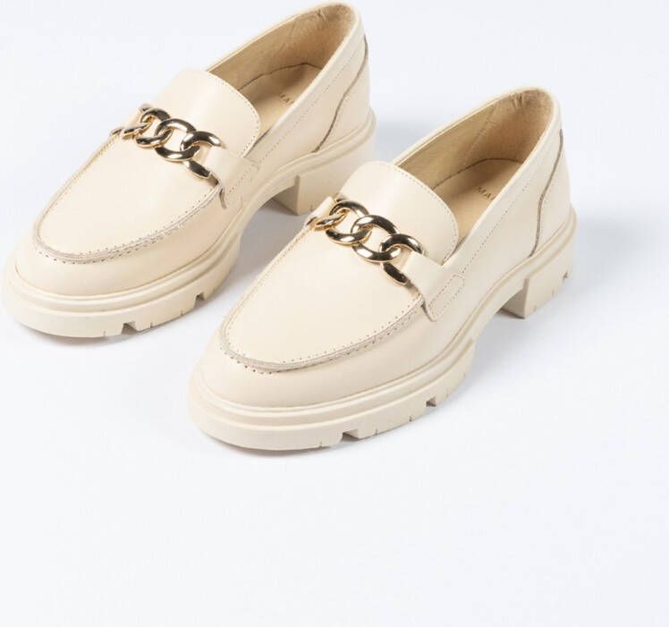 Manfield Dames Off white leren loafers met goudkleurige chain - Foto 8