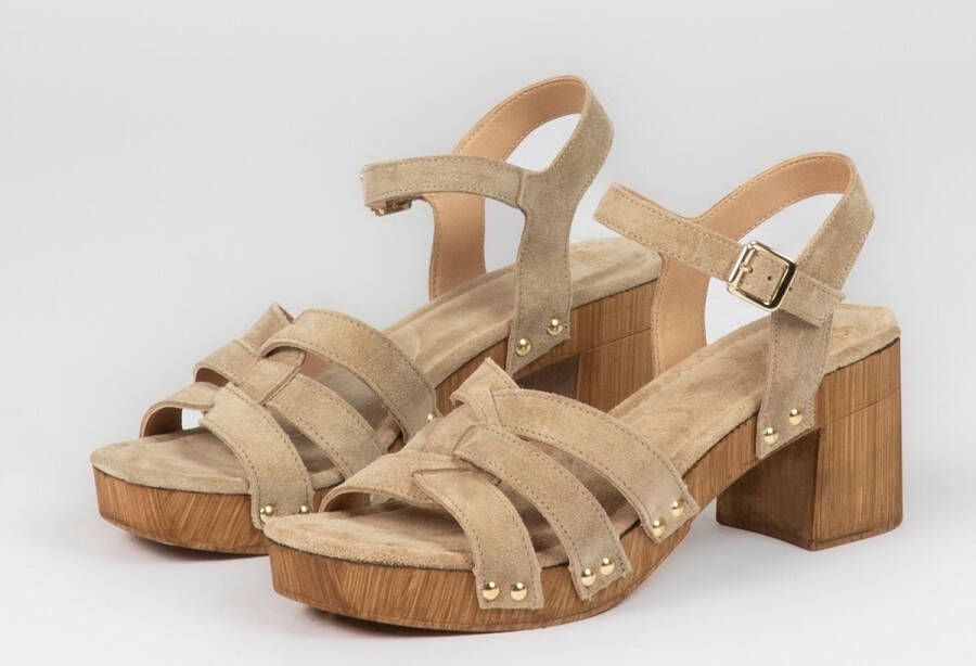 Manfield Dames Taupe suède sandalen met blokhak
