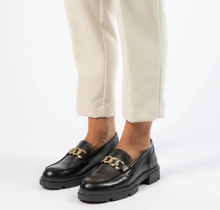 Manfield Dames Zwart leren loafers met goudkleurige chain - Foto 5