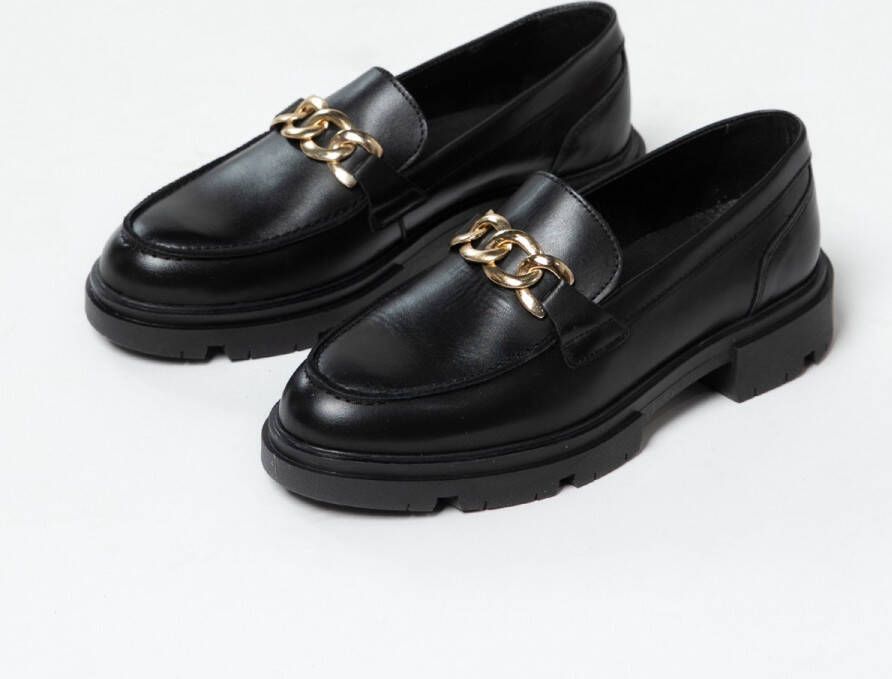 Manfield Dames Zwart leren loafers met goudkleurige chain - Foto 8