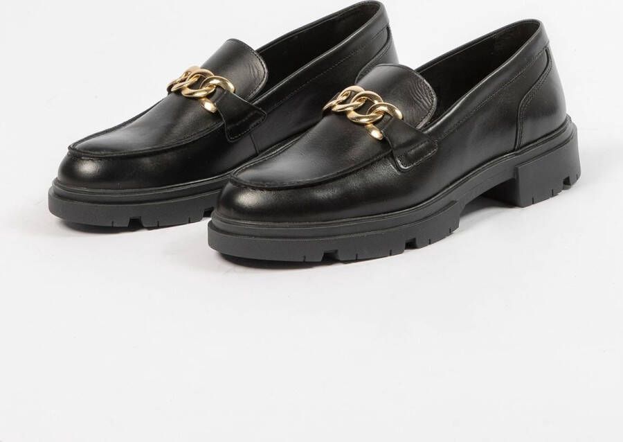 Manfield Dames Zwart leren loafers met goudkleurige chain - Foto 9