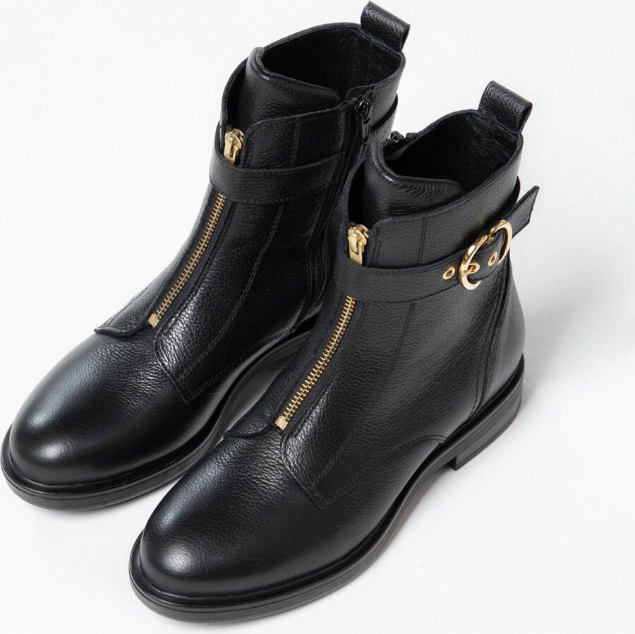 Manfield Dames Zwarte leren biker boots met gesp