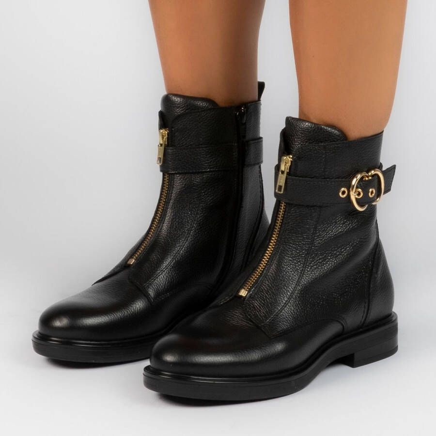 Manfield Dames Zwarte leren biker boots met gesp - Foto 6