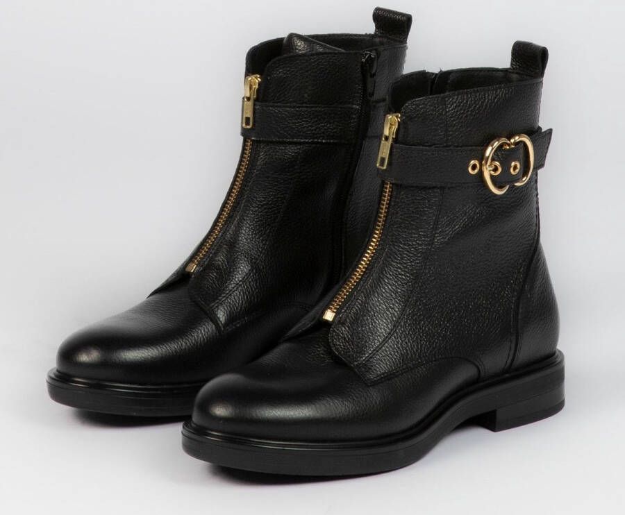 Manfield Dames Zwarte leren biker boots met gesp